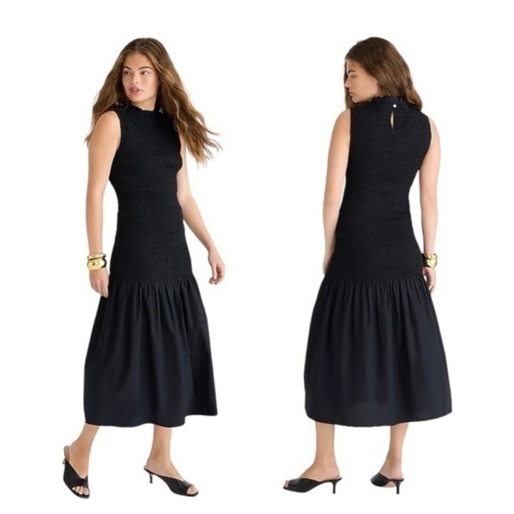 J.Crew Smocked drop-waist dress in cotton poplin in black xxs nwt